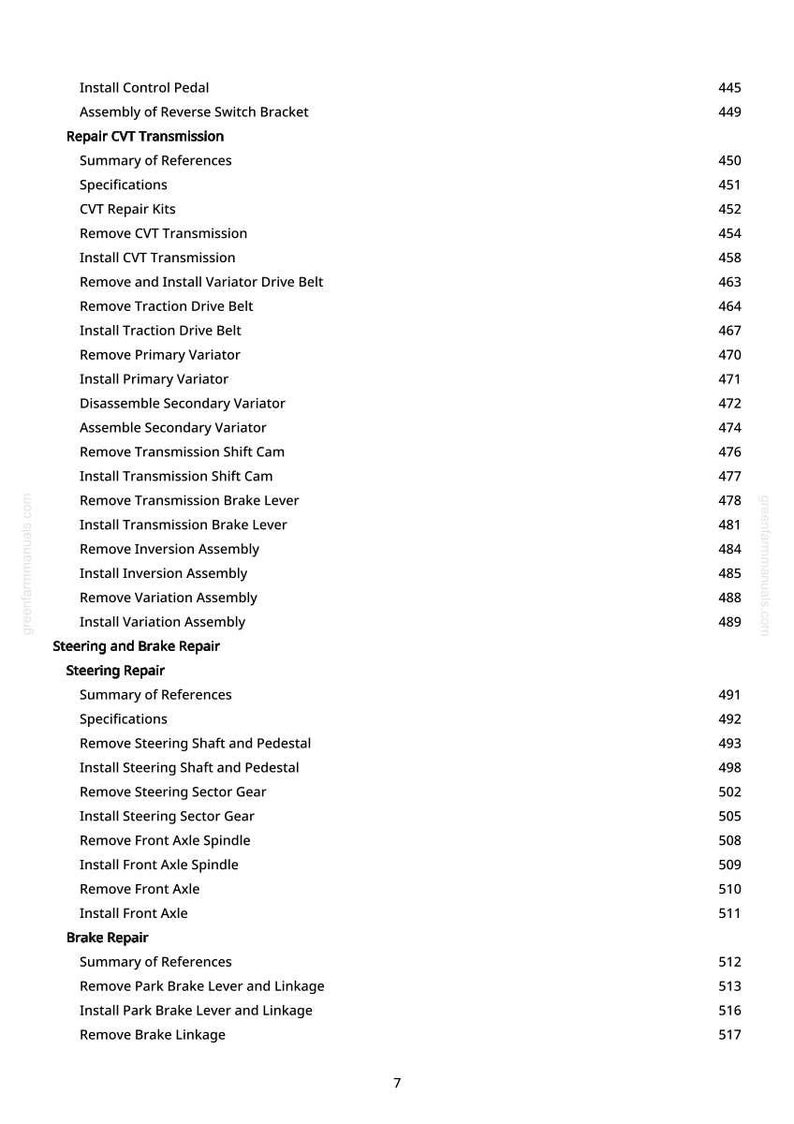 May include: A page from a manual with a table of contents. The text includes "Repair CVT Transmission," "Steering and Brake Repair," and "Brake Repair." Page numbers are listed on the right.
