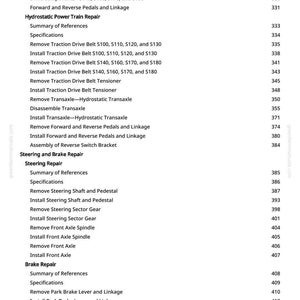 May include: A page from a manual with a table of contents. The text includes headings like "Hydrostatic Power Train Repair" and "Steering and Brake Repair." Page numbers are listed on the right side. The website greenfarmmanuals.com is visible.