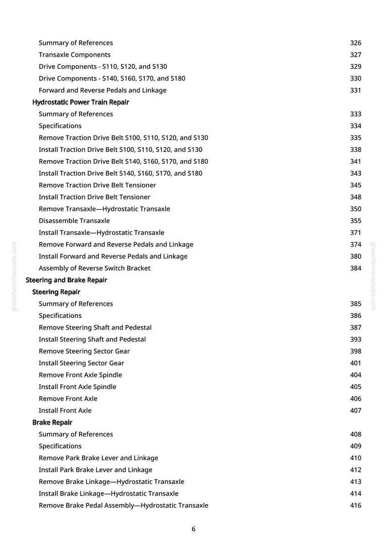 May include: A page from a manual with a table of contents. The text includes headings like "Hydrostatic Power Train Repair" and "Steering and Brake Repair." Page numbers are listed on the right side. The website greenfarmmanuals.com is visible.