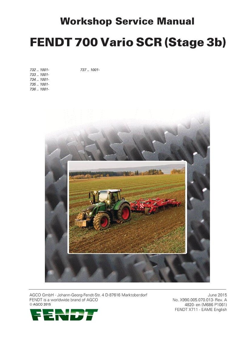 Op de afbeelding: Workshop Service Manual voor FENDT 700 Vario SCR (Stage 3b). De omslag toont een groene en rode tractor die op een veld werkt. Het FENDT-logo staat onderaan.
