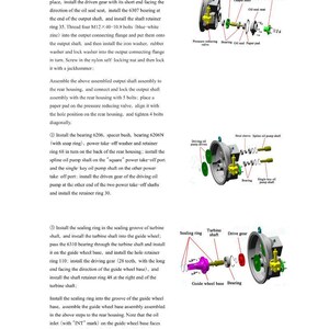 May include: Diagram of mechanical components with labels. Includes oil seals, bearings, gears, and shafts. Text instructions accompany the illustrations, detailing assembly steps for the parts.