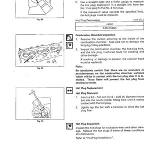 May include: Technical diagram from an engine repair manual, featuring illustrations and instructions for hot plug maintenance. Includes diagrams for hot plug depression measurement, combustion chamber inspection, and hot plug removal using a brass bar. The text includes measurements in inches.