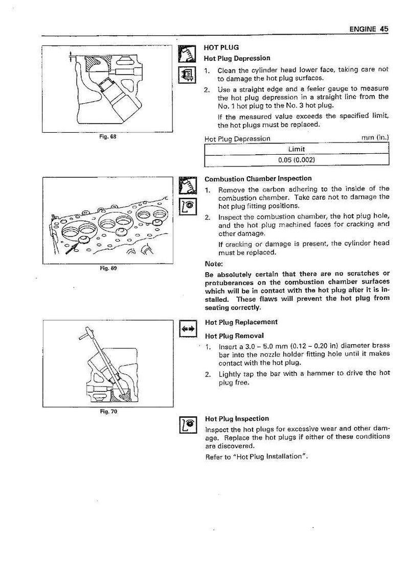 May include: Technical diagram from an engine repair manual, featuring illustrations and instructions for hot plug maintenance. Includes diagrams for hot plug depression measurement, combustion chamber inspection, and hot plug removal using a brass bar. The text includes measurements in inches.