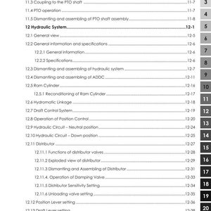 May include: A detailed table of contents from a manual for ARGO tractors. The document outlines sections on Power Take Off, Hydraulic System, and related components. Includes page numbers and section titles for easy navigation.