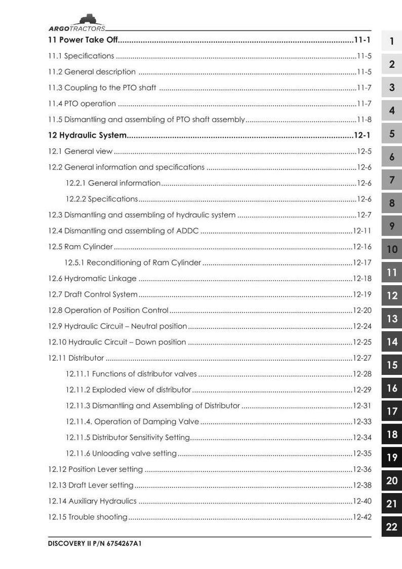 May include: A detailed table of contents from a manual for ARGO tractors. The document outlines sections on Power Take Off, Hydraulic System, and related components. Includes page numbers and section titles for easy navigation.