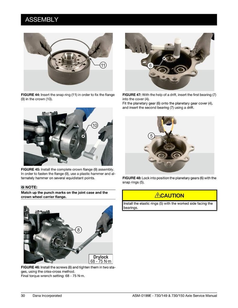 May include: Assembly diagram from a service manual showing steps for assembling mechanical components. The images show hands using tools to install parts, including snap rings, gears, and screws. Text includes torque specifications.