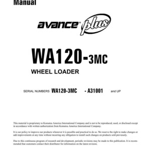 May include: A white shop manual with the text "Shop Manual" at the top. The manual features the "avance plus" logo and the text "WA120-3MC WHEEL LOADER". The serial numbers WA120-3MC - A31001 and UP are also visible.