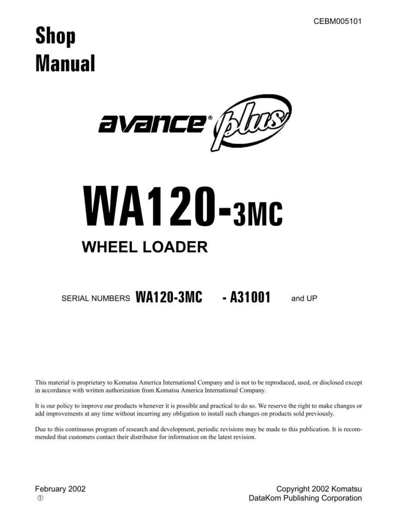May include: A white shop manual with the text "Shop Manual" at the top. The manual features the "avance plus" logo and the text "WA120-3MC WHEEL LOADER". The serial numbers WA120-3MC - A31001 and UP are also visible.