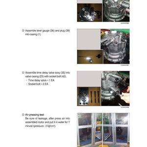 May include: Technical diagram showing the assembly of mechanical components. The image includes close-ups of parts, diagrams, and instructions for assembling a valve casing, level gauge, and time delay valve. The final step involves an air pressure test.