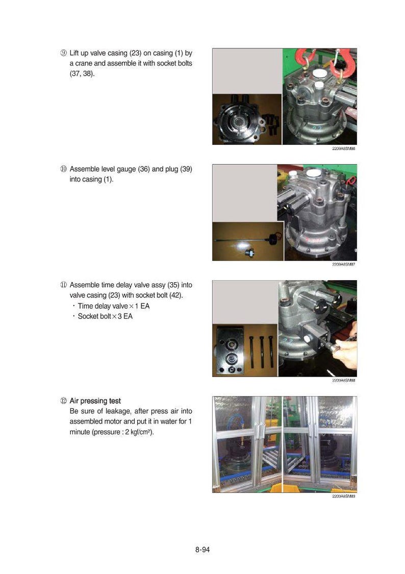May include: Technical diagram showing the assembly of mechanical components. The image includes close-ups of parts, diagrams, and instructions for assembling a valve casing, level gauge, and time delay valve. The final step involves an air pressure test.