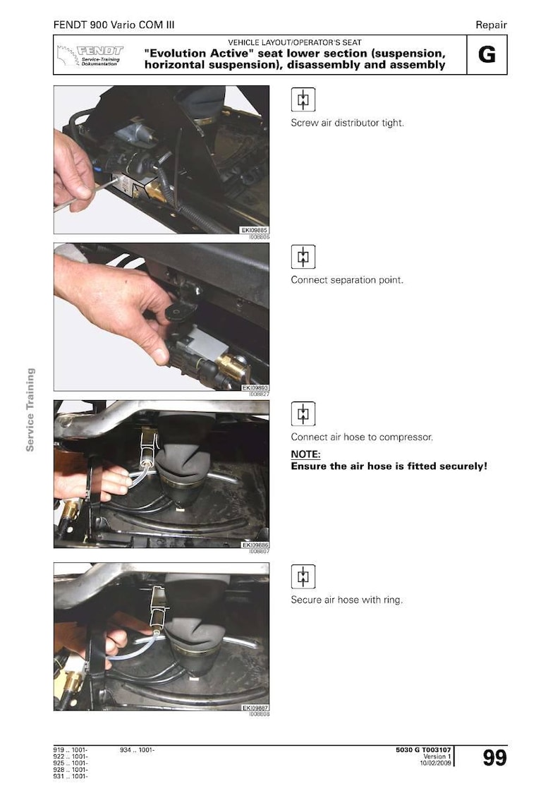 Op de afbeelding: Een pagina uit een reparatiehandleiding voor een Fendt 900 Vario COM III tractor. De handleiding beschrijft de demontage en montage van het onderste gedeelte van de "Evolution Active" stoel, met stapsgewijze instructies en diagrammen.