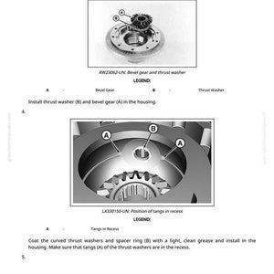 May include: Technical diagram showing mechanical components, including a bevel gear, thrust washer, and housing. The image includes labels and instructions for assembly, with close-up views of the parts. The text includes "Install tapered roller bearing cup" and "Position of tangs in recess."