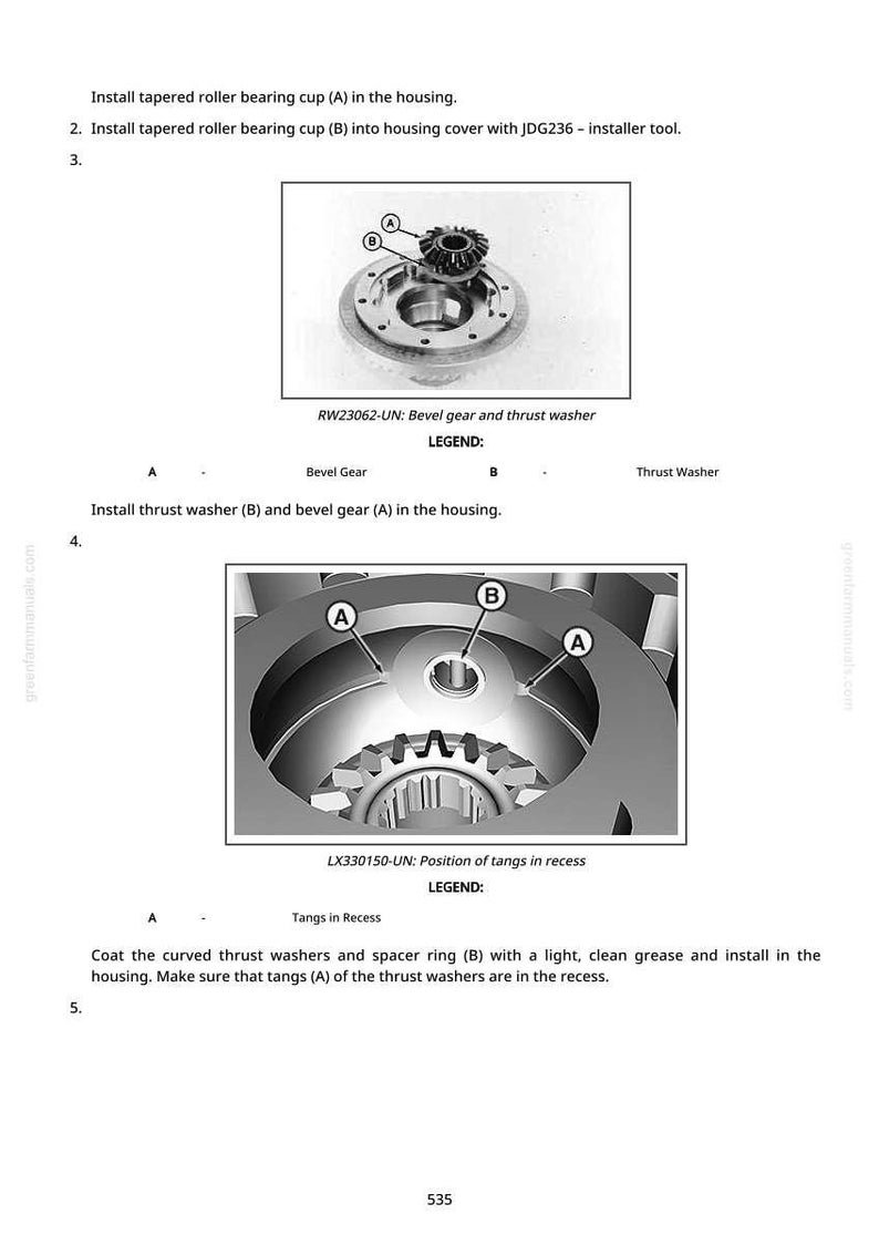 May include: Technical diagram showing mechanical components, including a bevel gear, thrust washer, and housing. The image includes labels and instructions for assembly, with close-up views of the parts. The text includes "Install tapered roller bearing cup" and "Position of tangs in recess."