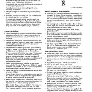 K&ouml;nnte beinhalten: Eine Seite aus einem Sicherheitsmanual mit dem Titel &bdquo;Sicherheit&ldquo;, mit Abschnitten zum Vermeiden von Kippen, zum Schutz von Kindern und zum sicheren Betrieb an H&auml;ngen. Der Text enth&auml;lt Anweisungen und Warnungen f&uuml;r die Rasenm&auml;hernutzung.
