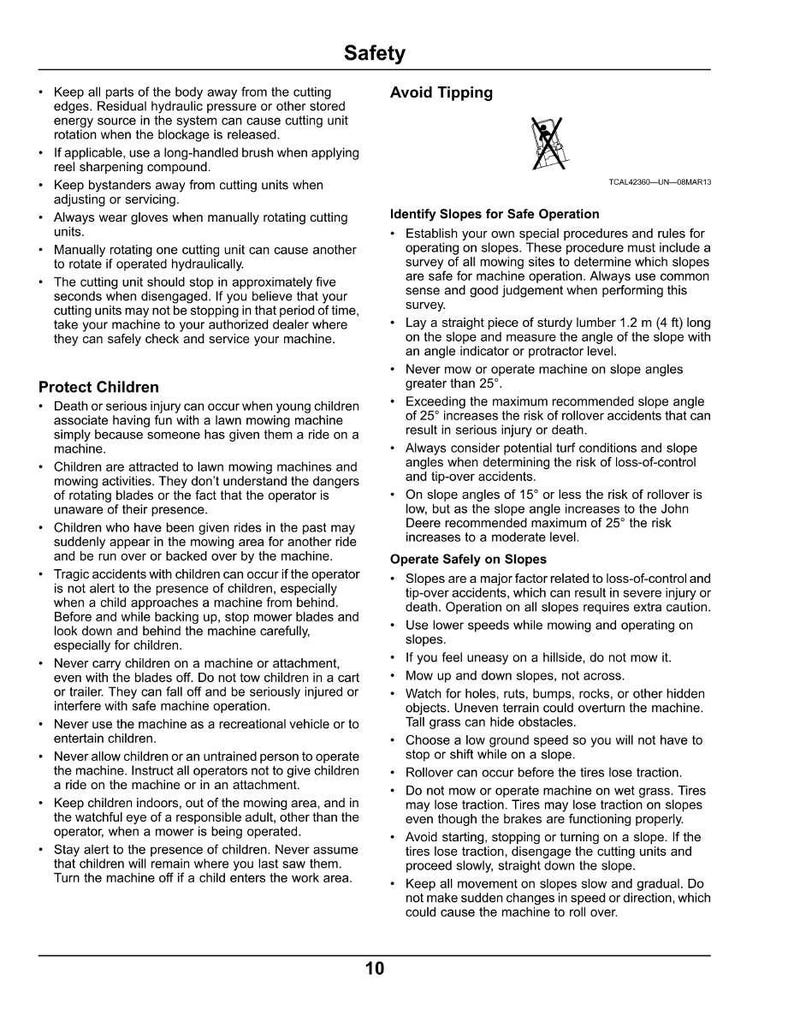 K&ouml;nnte beinhalten: Eine Seite aus einem Sicherheitsmanual mit dem Titel &bdquo;Sicherheit&ldquo;, mit Abschnitten zum Vermeiden von Kippen, zum Schutz von Kindern und zum sicheren Betrieb an H&auml;ngen. Der Text enth&auml;lt Anweisungen und Warnungen f&uuml;r die Rasenm&auml;hernutzung.