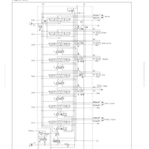Może przedstawiać: Schemat obwodu hydraulicznego z etykietami dla funkcji i zawor&oacute;w. Tekst zawiera "Działanie dla każdej funkcji i zaworu" oraz "zaw&oacute;r 8-sekcyjny". Schemat jest oznaczony r&oacute;żnymi komponentami i ich funkcjami.