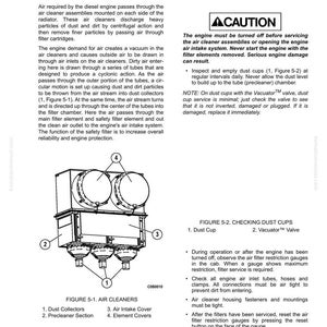 May include: Diagram of air cleaners with labels and text. The diagram shows the components of the air cleaner, including dust collectors, air intake cover, and element covers. Text explains the operation and servicing of the air cleaners.