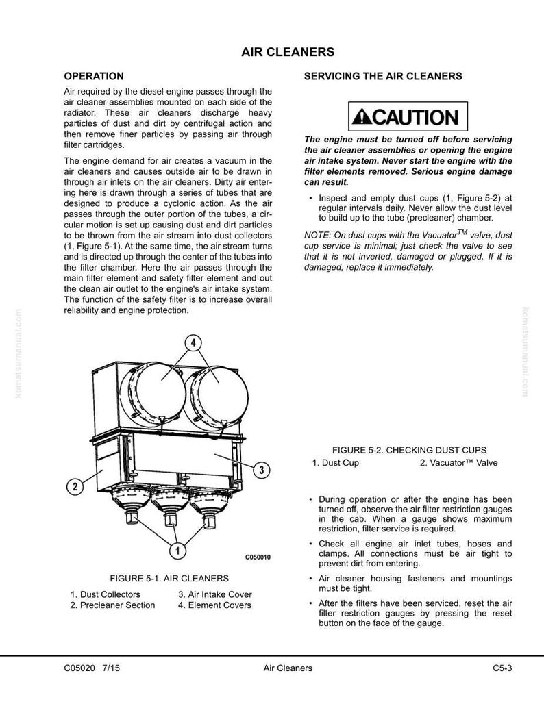 May include: Diagram of air cleaners with labels and text. The diagram shows the components of the air cleaner, including dust collectors, air intake cover, and element covers. Text explains the operation and servicing of the air cleaners.