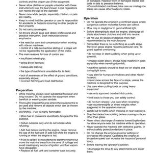 May include: A page from a safety manual with the title "Safety" at the top. The text provides instructions on training, preparation, and operation of a machine, including warnings about fuel and blade safety.