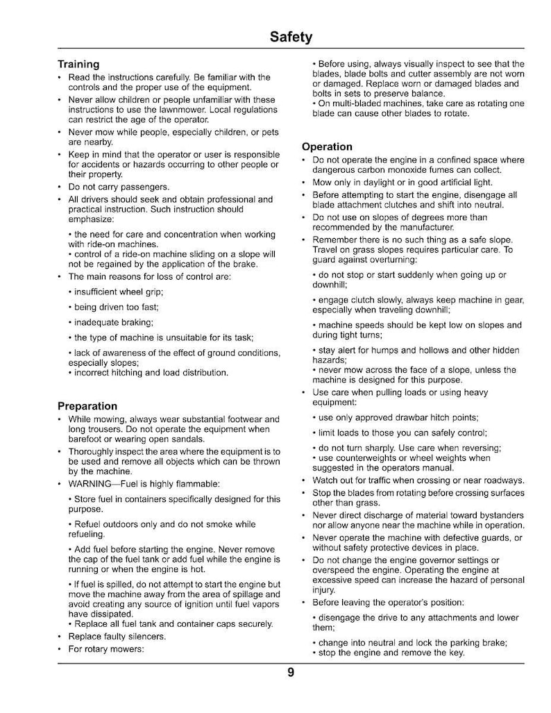 May include: A page from a safety manual with the title "Safety" at the top. The text provides instructions on training, preparation, and operation of a machine, including warnings about fuel and blade safety.