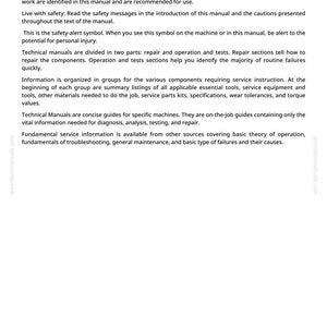 May include: A page from a technical manual titled "Foreword." The text describes the manual's purpose, safety instructions, and organization. It covers repair, operation, testing, and service information for technicians. The page includes the website address greenfarmmanuals.com.