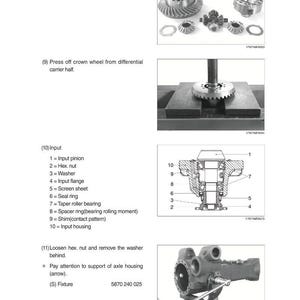 May include: Technical diagram illustrating automotive differential components. The image shows various gears, bearings, and housings, with labels and instructions for assembly and disassembly. The image is in black and white.