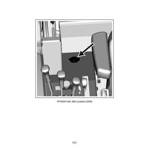 May include: An illustration of a vehicle's interior, featuring a black circular component with an arrow pointing towards it. Several levers with rounded tops are visible, along with other mechanical elements. The text "PY14247-UN: X06 Location (OOS)" is at the bottom.