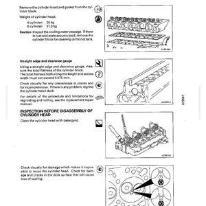 May include: Diagram from a repair manual showing the disassembly and assembly of a cylinder head. Includes illustrations of the cylinder head, measurements in kilograms, and instructions for inspection and cleaning.