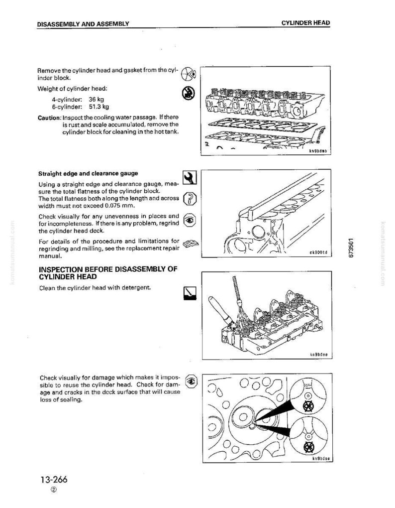 May include: Diagram from a repair manual showing the disassembly and assembly of a cylinder head. Includes illustrations of the cylinder head, measurements in kilograms, and instructions for inspection and cleaning.