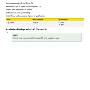 K&ouml;nnte beinhalten: Diagramm zur Demontage des Arm Reduced Leakage Valve (107), einschlie&szlig;lich einer Legende mit Teilen wie Flansch, Schraube und St&ouml;&szlig;el. Drehmomentangaben f&uuml;r Schrauben: 62 N-m oder 46 lb-ft.