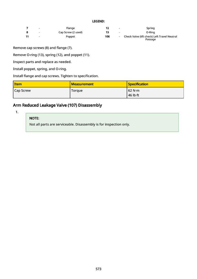 K&ouml;nnte beinhalten: Diagramm zur Demontage des Arm Reduced Leakage Valve (107), einschlie&szlig;lich einer Legende mit Teilen wie Flansch, Schraube und St&ouml;&szlig;el. Drehmomentangaben f&uuml;r Schrauben: 62 N-m oder 46 lb-ft.