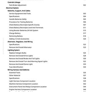 May include: A detailed contents page from a greenfarmmanuals.com guide, listing automotive repair topics. Sections include park brake, electrical systems, lighting, and wiring harnesses. Page numbers are on the right.