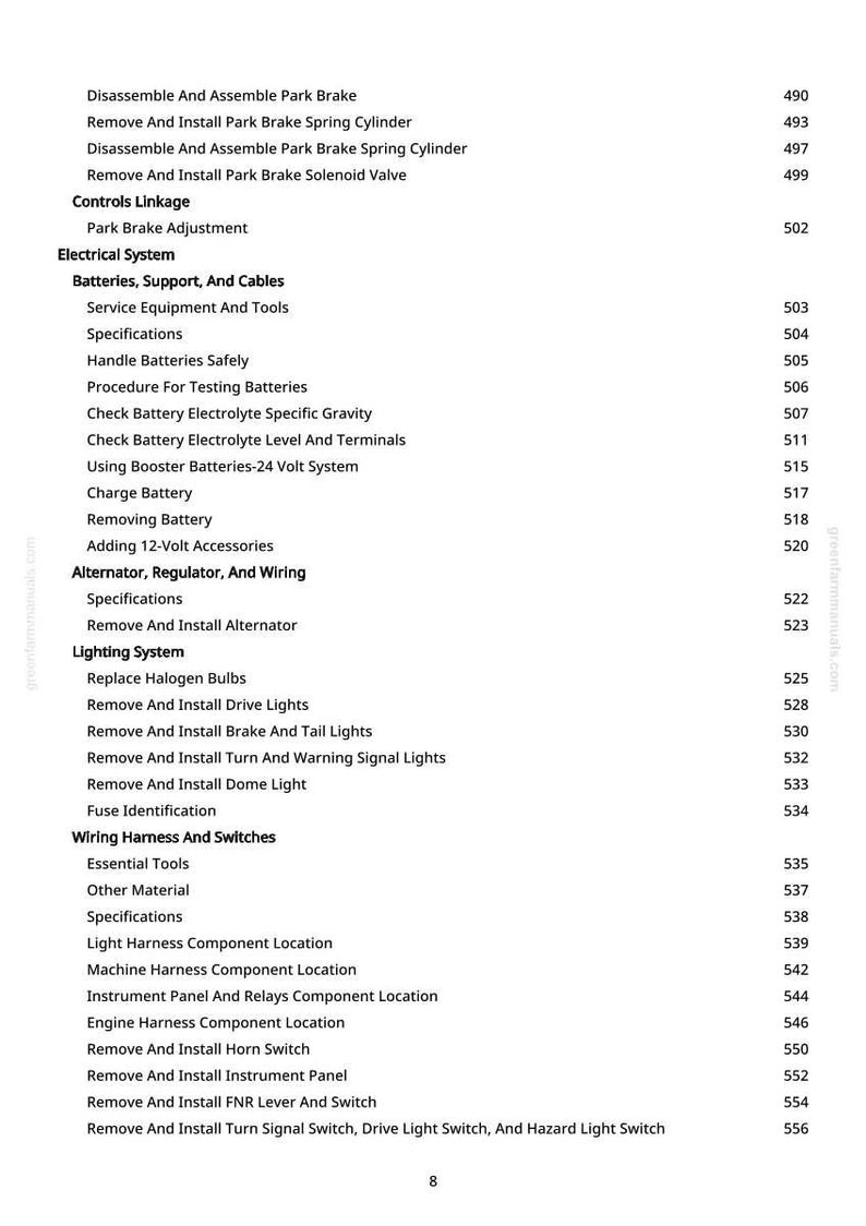 May include: A detailed contents page from a greenfarmmanuals.com guide, listing automotive repair topics. Sections include park brake, electrical systems, lighting, and wiring harnesses. Page numbers are on the right.