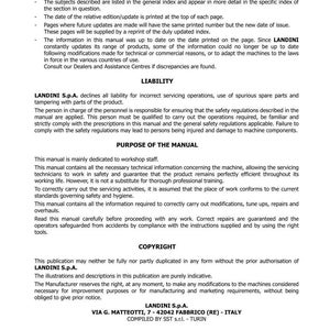 May include: A manual page for ALPINE 70-80-85 tractors, featuring sections on "INTRODUCTION", "LIABILITY", and "PURPOSE OF THE MANUAL". The manual is from LANDINI S.p.A. and includes copyright details. Edition 09-2009.