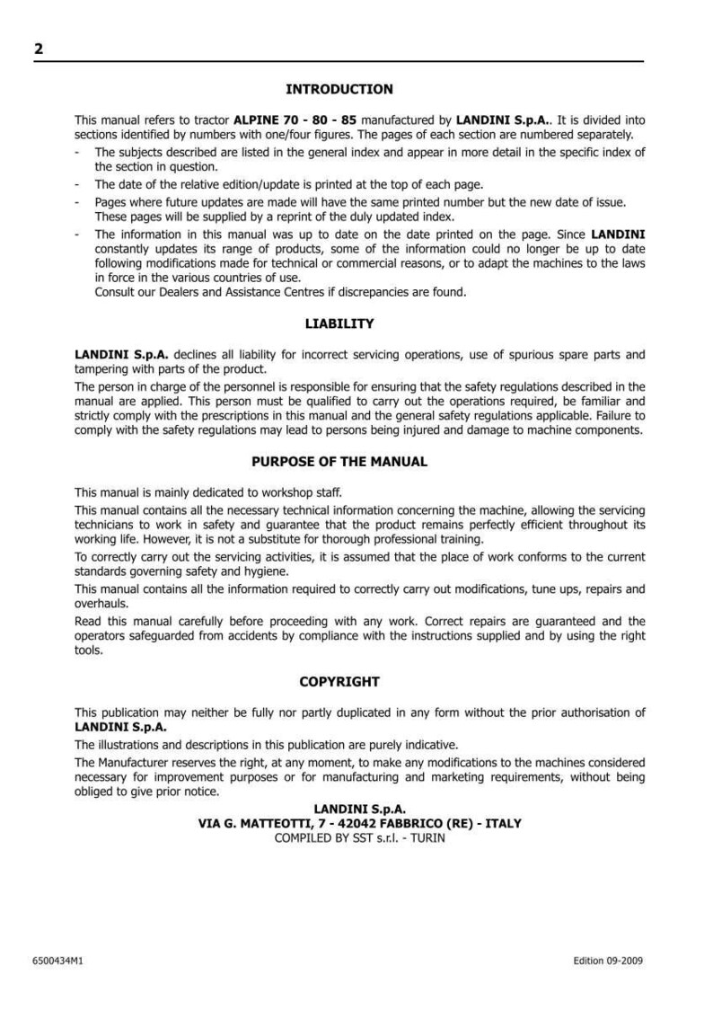 May include: A manual page for ALPINE 70-80-85 tractors, featuring sections on "INTRODUCTION", "LIABILITY", and "PURPOSE OF THE MANUAL". The manual is from LANDINI S.p.A. and includes copyright details. Edition 09-2009.