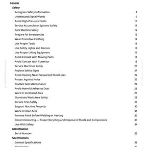 Peut inclure: Une page blanche d'un manuel avec une "Table des mati&egrave;res". Elle liste des sujets de s&eacute;curit&eacute;, comme &eacute;viter les fluides &agrave; haute pression et porter des v&ecirc;tements de protection. Le texte est noir.