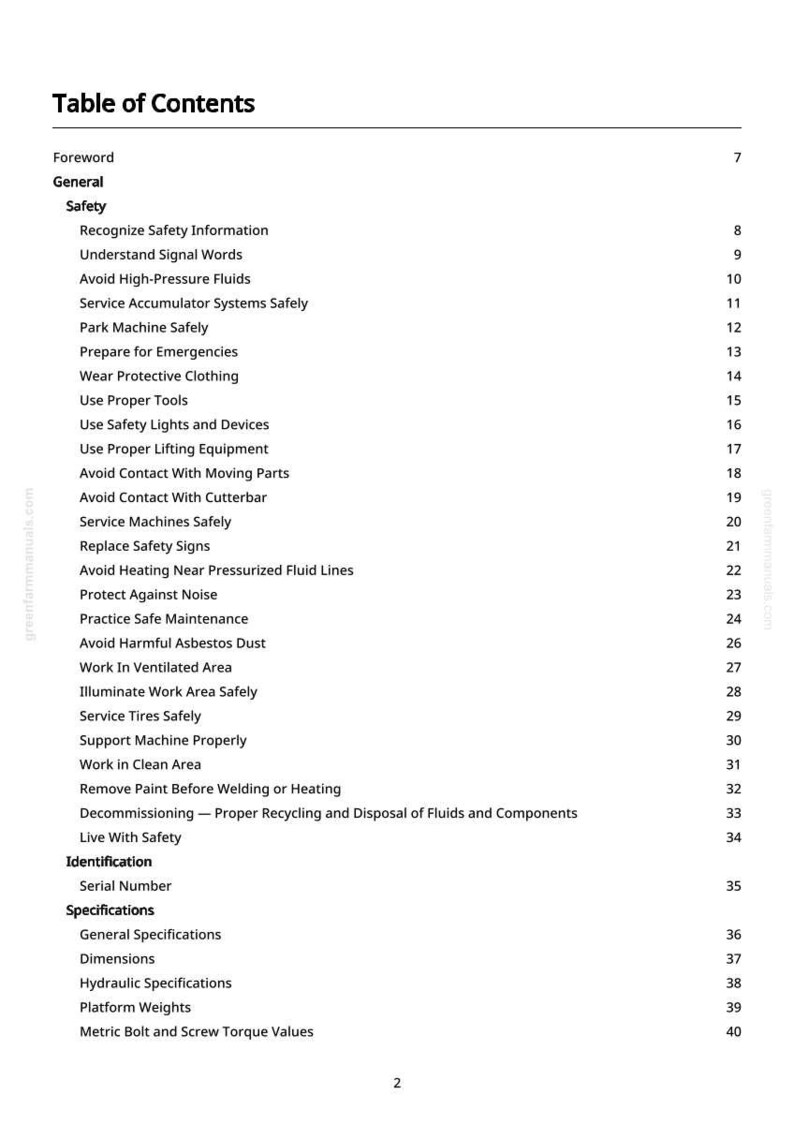 Peut inclure: Une page blanche d'un manuel avec une "Table des mati&egrave;res". Elle liste des sujets de s&eacute;curit&eacute;, comme &eacute;viter les fluides &agrave; haute pression et porter des v&ecirc;tements de protection. Le texte est noir.