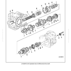 May include: An exploded diagram of a differential drive shaft, with various mechanical components labeled A through W. The image is a technical illustration, with the text "LX1026912-UN: Exploded view of differential drive shaft" at the bottom.