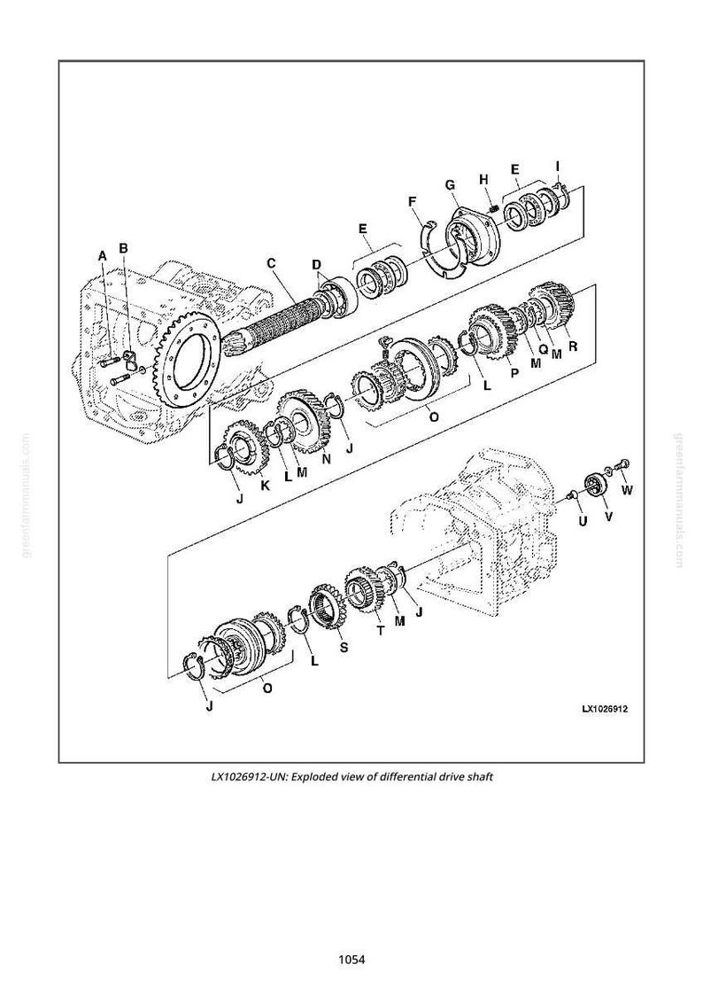 May include: An exploded diagram of a differential drive shaft, with various mechanical components labeled A through W. The image is a technical illustration, with the text "LX1026912-UN: Exploded view of differential drive shaft" at the bottom.