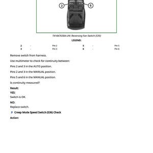 May include: Diagram of a reversing fan switch, model TX1067630A-UN, with numbered pins and a legend. Instructions include checking continuity with a multimeter in AUTO and MANUAL positions. The result determines if the switch is OK or needs replacement.