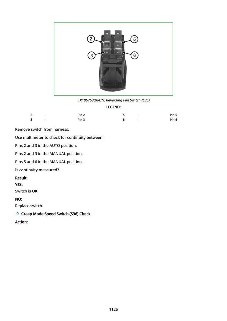 May include: Diagram of a reversing fan switch, model TX1067630A-UN, with numbered pins and a legend. Instructions include checking continuity with a multimeter in AUTO and MANUAL positions. The result determines if the switch is OK or needs replacement.