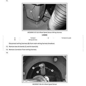 Peut inclure: Sch&eacute;ma du faisceau de c&acirc;blage du capteur de vitesse de roue et de ses composants, y compris des colliers de serrage, des &eacute;crous de blocage et un capteur. L'image comprend les &eacute;tiquettes A, B et C, et du texte indiquant le retrait des pi&egrave;ces.