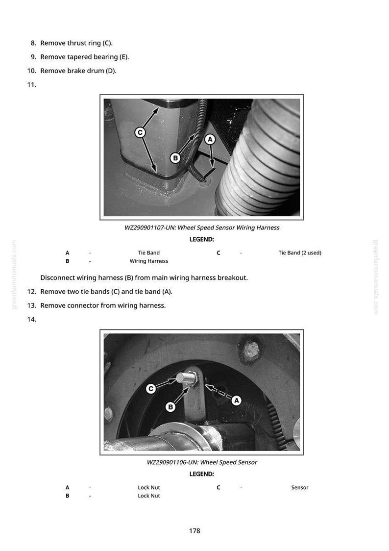 Peut inclure: Sch&eacute;ma du faisceau de c&acirc;blage du capteur de vitesse de roue et de ses composants, y compris des colliers de serrage, des &eacute;crous de blocage et un capteur. L'image comprend les &eacute;tiquettes A, B et C, et du texte indiquant le retrait des pi&egrave;ces.