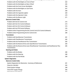 May include: A white page with a detailed table of contents from a manual. The text lists various automotive system diagnostics, including headlights, brakes, and electronic control units, with corresponding page numbers.