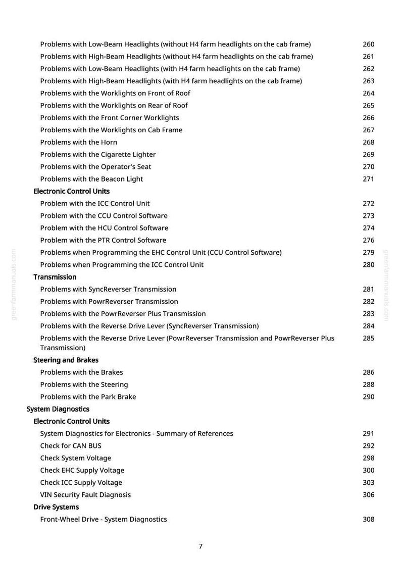 May include: A white page with a detailed table of contents from a manual. The text lists various automotive system diagnostics, including headlights, brakes, and electronic control units, with corresponding page numbers.