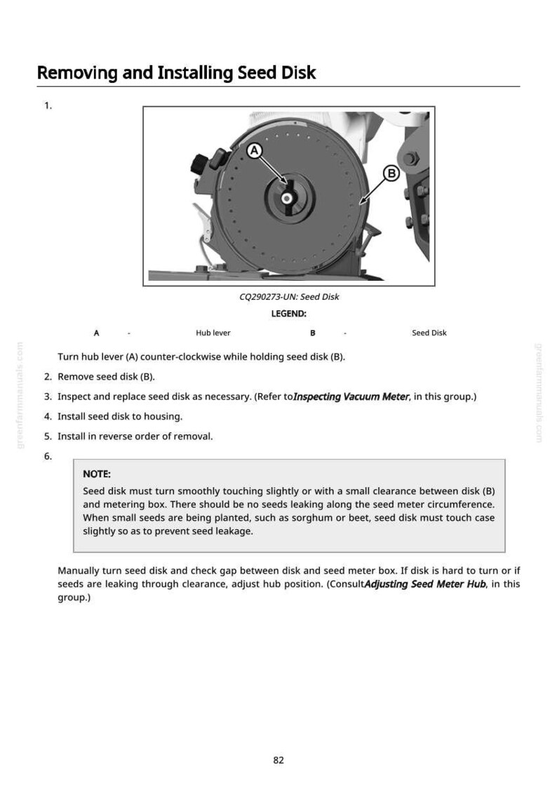 May include: Diagram showing how to remove and install a seed disk. The image provides a detailed view of the seed disk assembly, with labels indicating key components and steps. Text instructions are included.