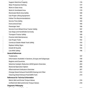 May include: A white page with a list of safety and maintenance topics, including "Avoid Backover Accidents" and "Use Seat Belt Properly." The page also includes a table of contents with page numbers.