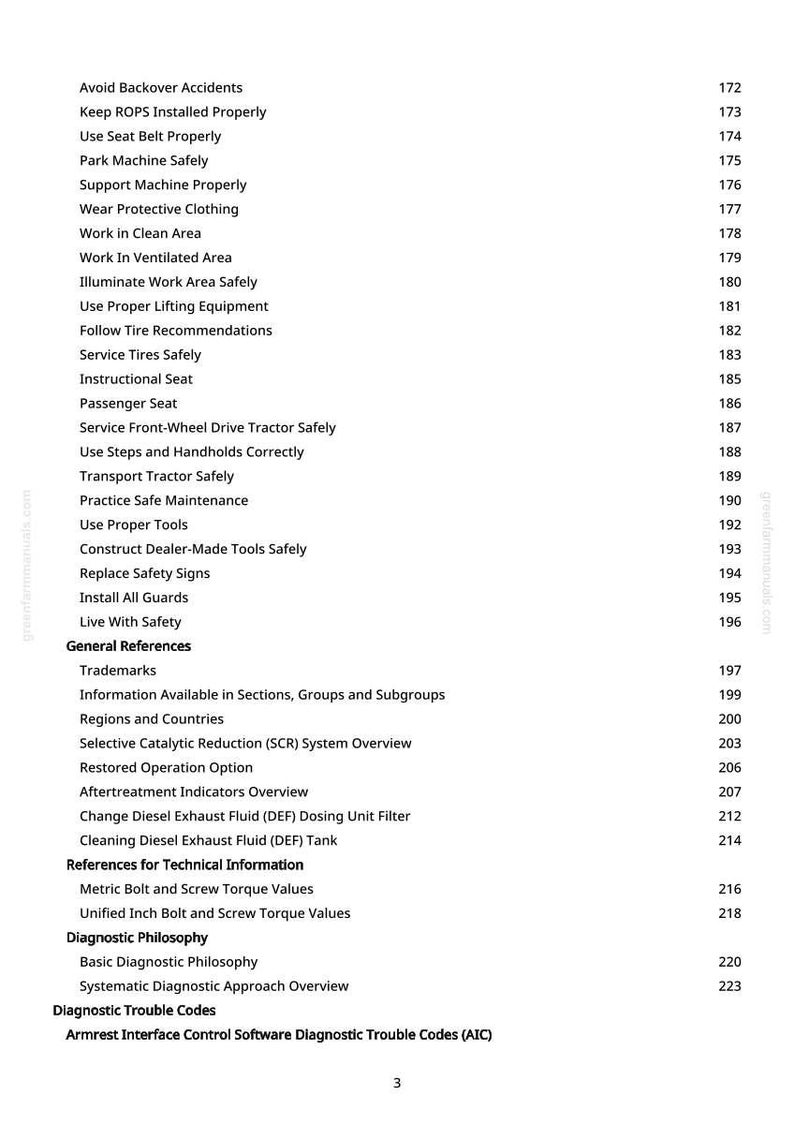 May include: A white page with a list of safety and maintenance topics, including "Avoid Backover Accidents" and "Use Seat Belt Properly." The page also includes a table of contents with page numbers.