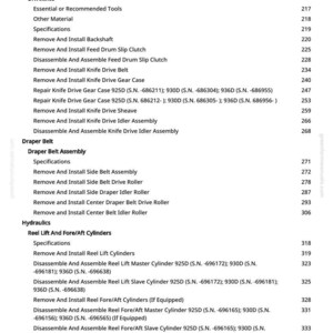 Może przedstawiać: Szczeg&oacute;łowa lista części z instrukcji greenfarmmanuals.com, zawierająca sekcje dotyczące układ&oacute;w napędowych, pas&oacute;w draper i hydrauliki. Tekst zawiera numery części i instrukcje montażu.