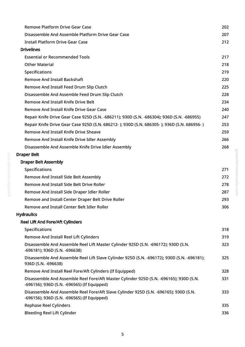 Może przedstawiać: Szczeg&oacute;łowa lista części z instrukcji greenfarmmanuals.com, zawierająca sekcje dotyczące układ&oacute;w napędowych, pas&oacute;w draper i hydrauliki. Tekst zawiera numery części i instrukcje montażu.